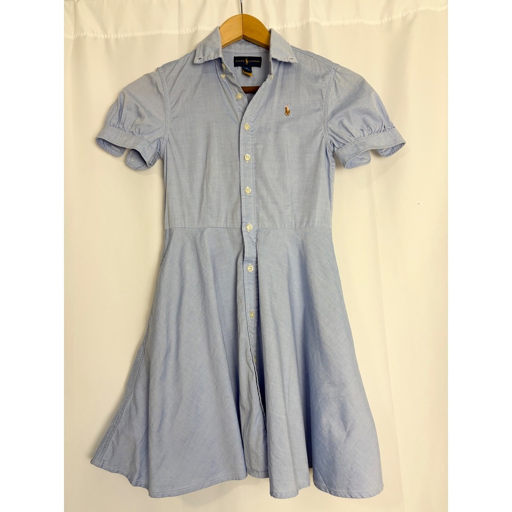 Ralph Lauren Girls Blue Oxford Cotton Button Down Shirt Dress Size 10 Pocket